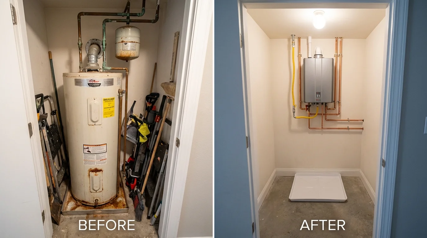 Tank water heater versus wall-mounted tankless unit comparison for Elgin, TX homeowners