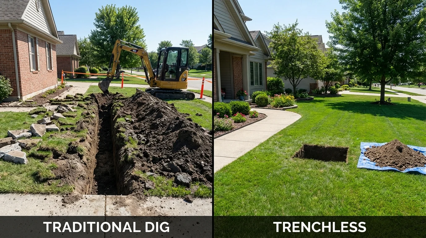Trenchless sewer repair with minimal yard damage versus traditional excavation in Elgin, TX