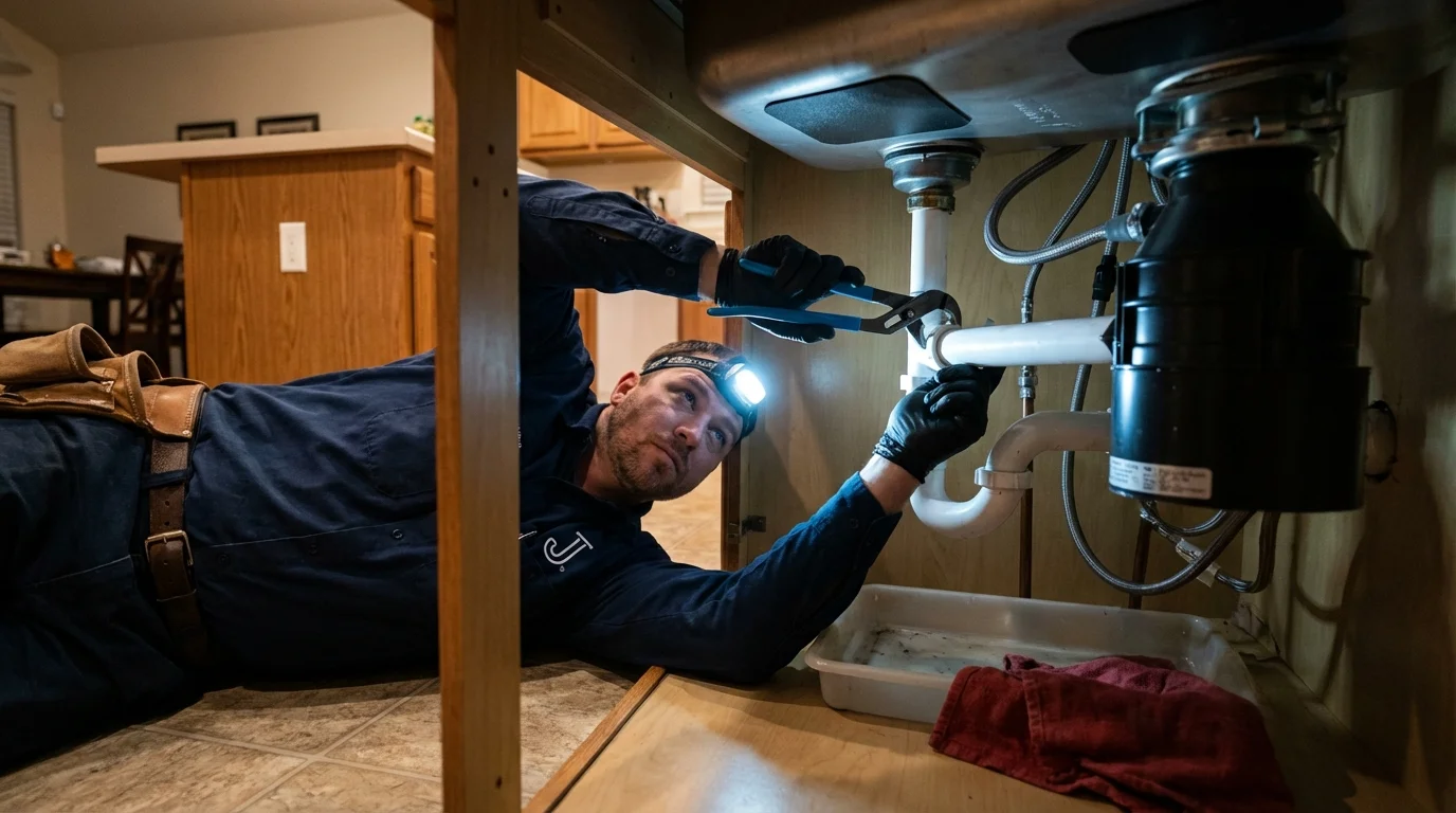 P-trap and supply line connections under a kitchen sink showing a common leak point in Elgin, TX